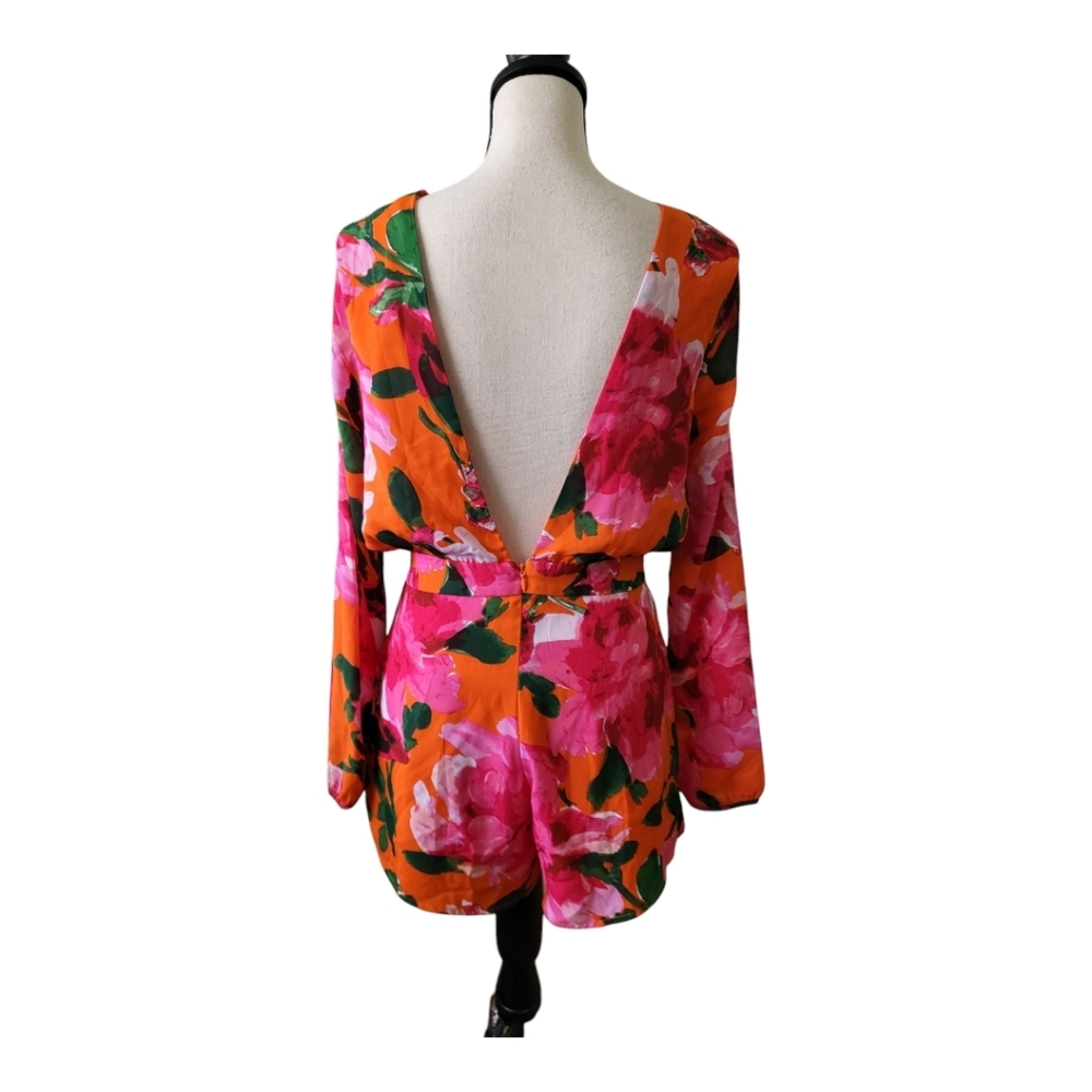 💕Lulu's Sweetest Song Orange Floral Print‎ Backless Long Sleeve Romper Siz… - Picture 5 of 8